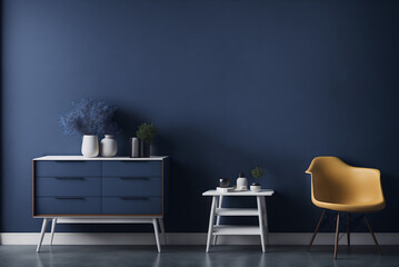 Wall Mural - interior commode with chair and decor, dark blue wall mock up background, 3d rendering, generative a