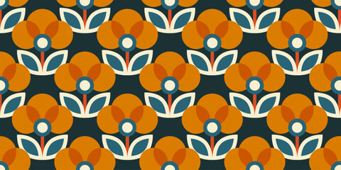 Seamless retro floral pattern. Vintage stylized flowers background in 60s, 70s, 80s style. Nostalgic regular repeating wallpaper. Fabric and textile swatch design. Vector texture and illustration