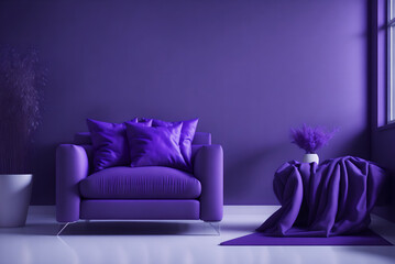 Wall Mural - modern living room design, purple armchair on purple wall and white floor, 3d render, generative ai