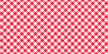Seamless Diagonal Gingham Pattern. Red And White Slanted Vichy Cage Background. Checked Tweed Plaid Repeating Wallpaper. Fabric Texture Design. Vector 
