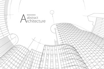 Aufkleber - 3D illustration, abstract modern urban landscape line drawing, imaginative architecture building construction perspective design.
