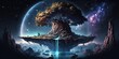 Fantasy fairytale sphere island floating in universe of night sky. superlative generative AI image.