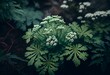 Flowers poisonous hemlock among green leaves in the garden. Generative AI