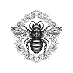 bee, vintage logo concept black and white color, hand drawn illustration