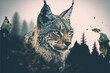 Beautiful lynx design with double exposure background of wilderness and nature landscape as concept of the natural adventure and majestic wildlife animal. Superb Generative AI.