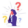 © treety - Person having a question. A female character, standing in a pensive pose, holds her chin and question marks above her head