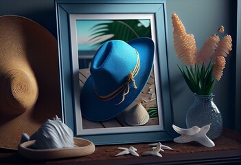 mockup of a blue frame with hat and seashell decorations on a side table. Generative AI