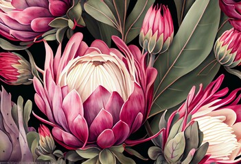 Wall Mural - Watercolor seamless pattern with magenta protea, floral background blooming flowers and protea leaves. Generative AI