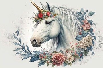 Wall Mural - majestic white unicorn adorned with a delicate flower crown. Generative AI