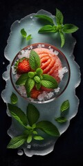 Wall Mural - Dessert with strawberry granita and mint at a steep slant Generative AI