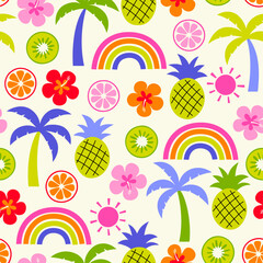 Wall Mural - Cute colorful hand drawn tropical fruit , palm tree, hibiscus, sun and rainbow seamless pattern for summer holidays background.