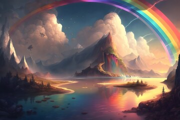 Wall Mural - landscape with rainbow created using ai generative technology