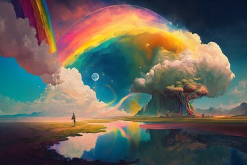 Wall Mural - landscape with rainbow created using ai generative technology