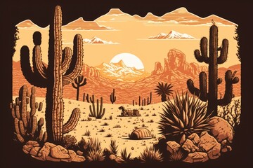 Poster - scenic desert landscape with towering cacti and majestic mountains in the distance. Generative AI