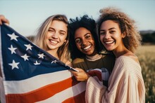 Group Of Young Multi-ethnic Women Holding American Flag Celebrating 4th Of July. Generative AI