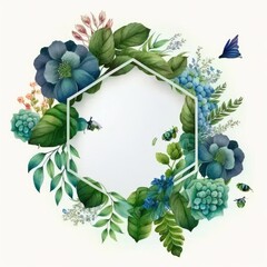 Wall Mural - Hexagon frame of blue flower and green leaves with watercolor painting isolated on white background. Theme of vintage minimal art design in geometric. Finest generative AI.