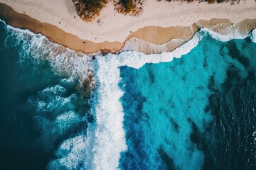 Canvas Print - an idyllic beach and crystal clear ocean seen from above. Generative AI