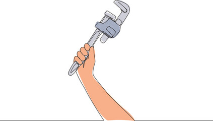 Poster - one single line drawing of man holding stainless steel pipe wrench. handyman tools concept. continuo