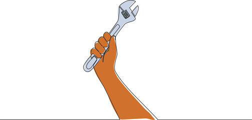 Poster - One continuous line drawing of man holding stainless steel wrench key. Handyman tools concept. Single line draw vector design illustration