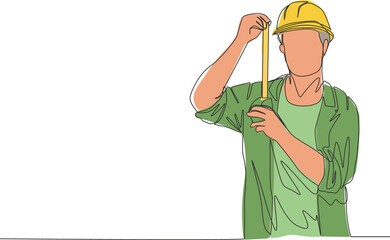 Poster - single continuous line drawing of young handsome handyman measuring the length of the wall using mea