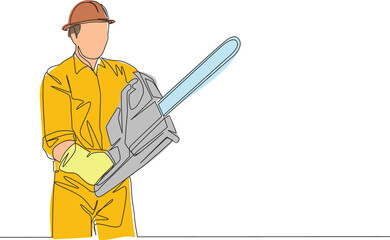 Poster - One continuous line drawing of young attractive woodworker holding big chainsaw to cut the tree. Lumberjack cutting wood concept single line draw design illustration