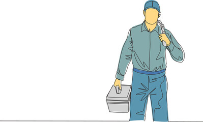 Poster - one continuous line drawing of young attractive plumber carrying tools box and ready to do home kitc