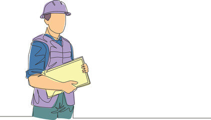 Poster - Single continuous line drawing of young attractive foreman controlling building development progress while holding clipboard. Building construction service concept one line draw design illustration