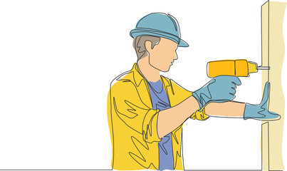 Wall Mural - One continuous line drawing of young handsome handyman drilling wooden wall using drill machine. House maintenance service concept single line draw design illustration