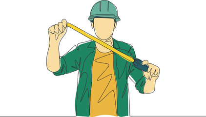 Poster - one single line drawing of young attractive handyman holding measurement tape. building construction