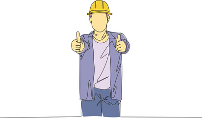 Poster - one single line drawing of young handsome handyman giving thumbs up finger gesture. home renovation 