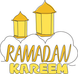 Poster - One single line drawing of Happy Eid Al Fitr Mubarak and Ramadan Kareem concept. Islamic holiday calligraphic design for print, greeting card, banner, poster. Continuous line draw design illustration