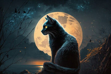 black cat with full moon and surreal cosmic sky background illustration. generative ai