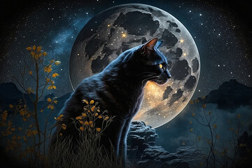 Black cat with full moon and surreal cosmic sky background illustration. Generative AI