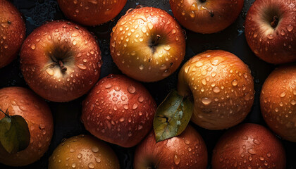 Canvas Print - Close up of clean red apples with water drop in dark black background. Fresh fruit and Vegetable concept. Nutrition and vitamin theme. Generative AI