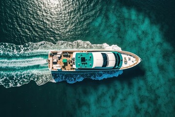 Sticker - aerial view of a boat navigating through the open sea. Generative AI