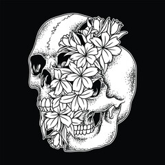 Wall Mural - Floral Skull  Black and White Illustration