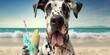 Great Dane dog is on summer vacation at seaside resort and relaxing rest on summer beach of Hawaii