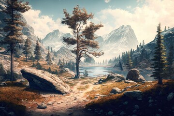 Canvas Print - peaceful mountain landscape with a serene lake and lush trees. Generative AI