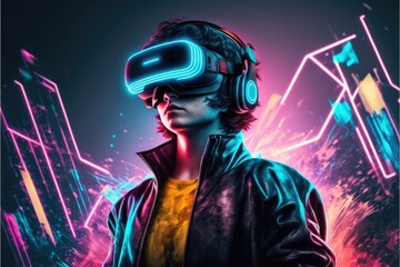 Wall Mural - A young man in VR glasses playing video games with virtual reality headset. Concept of gaming in cyberpunk lifestyles. Finest generative AI.