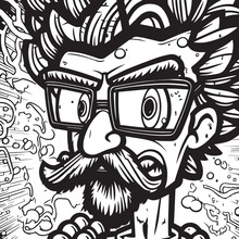Doubtful Man Character With Goggles. Coloring Book. Cartoon Vector Illustration. Black White Outline