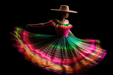 Poster - A Woman in a Fluorescent Dress Dancing and Twirling for Cinco De Mayo Celebration Generative AI