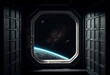 Black background and a window in a space station. Generative AI