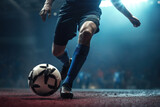 Fototapeta Sport - Close-up of soccer player kicking ball in stadium at night. Football match, sport competition. Generative AI