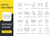 Treatment and care of teeth in dentistry, line icon set in vector, illustration of orthodontic trainers and endodontics, crowns and teeth whitening, extraction and dentist tools. Editable stroke.