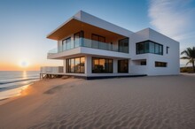 A House On The Beach With The Sunset In The Background 