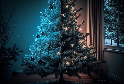 Christmas tree with stars - blue variant. Generative AI