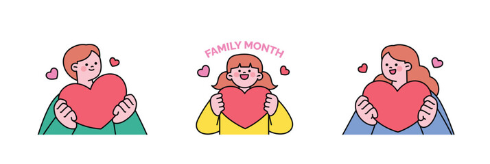 Poster - family month. People who appreciate their parents and love their children. People hold hearts in their hands.