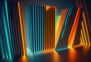 Wall Mural - Abstract psychedelic dark background, multicolored glowing neon straight lines. Immersive fantasy interior, corridor, gallery. 3D rendering. AI generated.