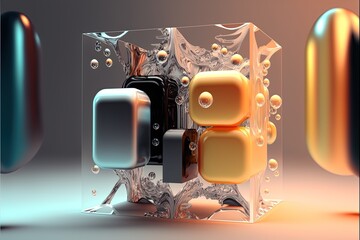 Poster - Luxurious abstract background. Simple glass figures. Frozen multicolored liquid. Gradient light. 3D rendering. Generative AI.