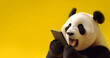 Panda shouting through megaphone isolated on yellow background. Generative ai